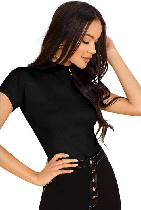 Women Black Round Neck Half Sleeves T-Shirt
